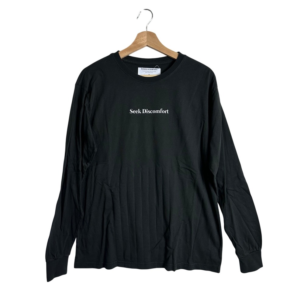 Seek Discomfort Mens Organic Cotton Long Sleeve Graphic T-Shirt Black Small